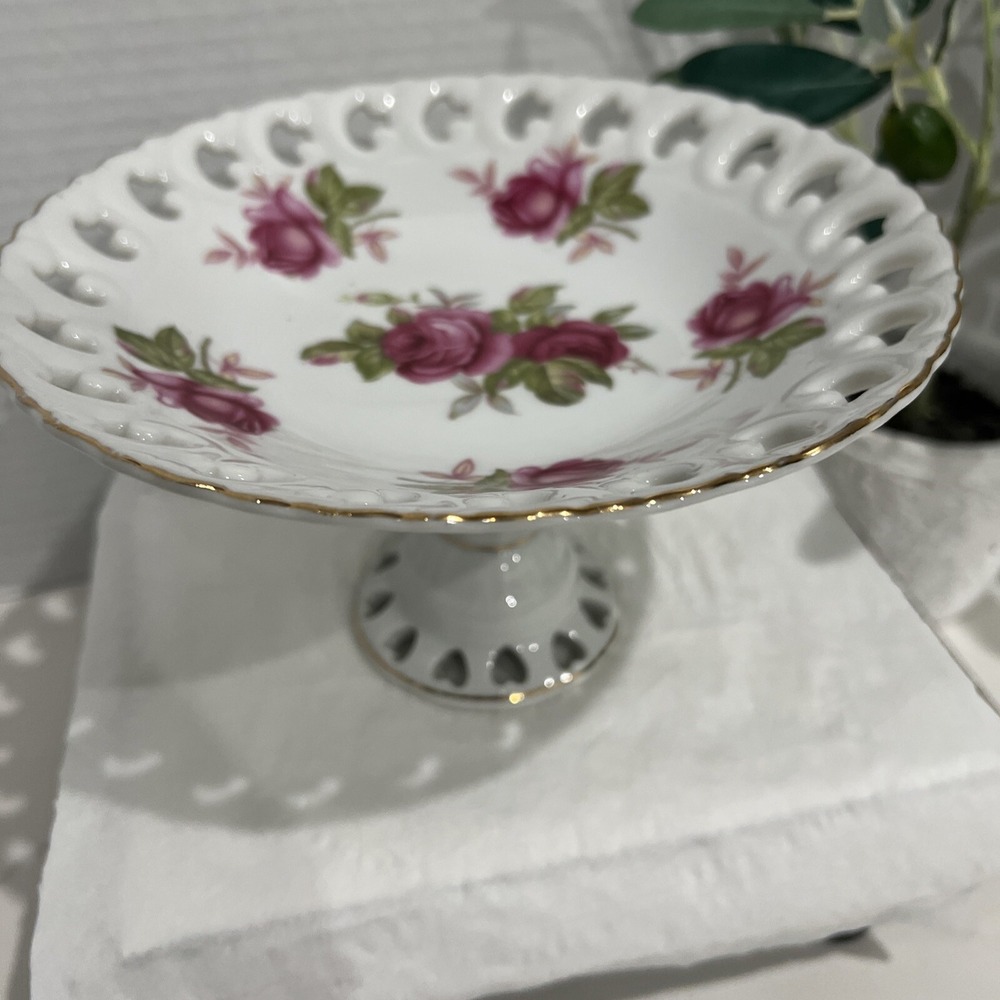 Lefton China Hand Painted Footed Bowl Compote Roses, Gold Trim #NE712 VTG
